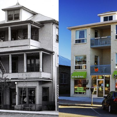 Les appartements Beauchemin en 1940 (à gauche) et l'édifice en 2012 (à droite). 