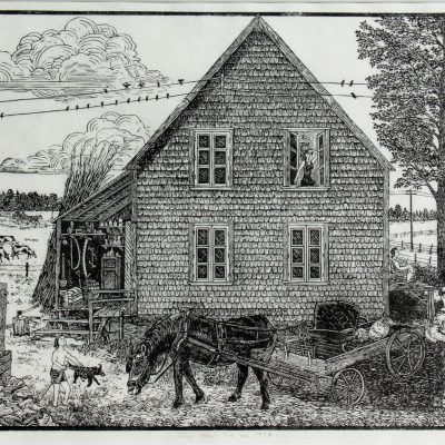 Linogravure de Roger Pèlerin intitulée «La ferme de grand-père» 