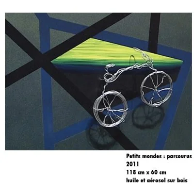 L’œuvre Petits mondes : parcourus (118 cm par 60 cm, aérosol et huile sur panneau de bois) de Josie Mongrain, une artiste valdorienne qui aime s’inspirer du sport