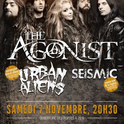 L'affiche annonçant la prestation du groupe The Agonist en 2015 est un bon exemple de la spécificité de l'esthétisme associé à la musique métal